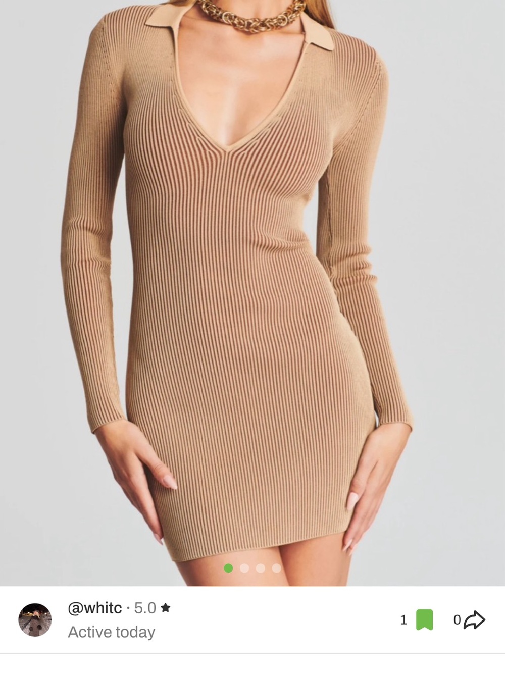 Ribbed Polo-Collar Mini Dress in Camel